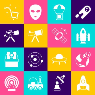 Roket gemisi, Dünya küresi, paraşütle uçan kutu, teleskop, Büyük Ayı takımyıldızı ve uydu ikonu. Vektör