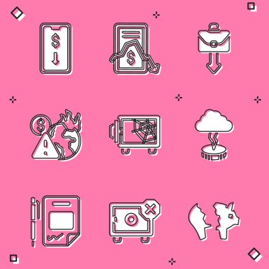 Mobil hisse senedi ticareti, evrak çantası, küresel ekonomik kriz, Güvenli, Fırtına, Sözleşme parası, kalem ve ikon. Vektör