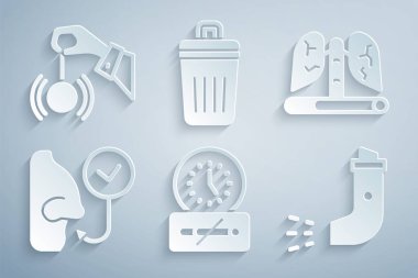 Sigara içme zamanı, akciğerler, sağlıklı nefes alma, astım spreyi, çöp tenekesi ve Hipnoz ikonu. Vektör