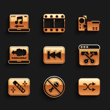 Geri sarma düğmesi, Dilsiz mikrofon, Arrow karıştırma, Video kaydedici veya düzenleyici, Fotoğraf rötuşlama, Ses, Sinema kamerası ve müzik simgesi olan dizüstü bilgisayarı ayarlayın. Vektör