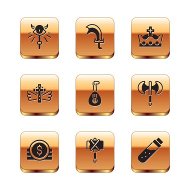 Sihirli değnek, Kadim parası, Ortaçağ baltası, Lavta, Hıristiyan haçı, Kral tacı, iksir şişesi ve oyun ikonu için kılıç. Vektör