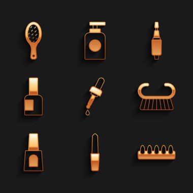 Pipette 'i yağ, tırnak törpüsü, sahte tırnaklar, pedikür fırçası ya da rende, bir şişe cila, manikür ve ikon için değirmen makası ile ayarla. Vektör