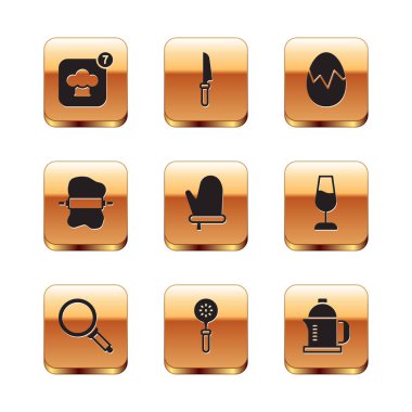 Şef şapkası, tava, Spatula, fırın eldiveni, hamurda merdane iğnesi, kırık yumurta, Fransız presi ve bıçak ikonu. Vektör