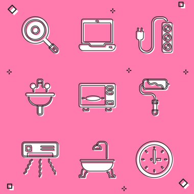 Kızartma tavası, dizüstü bilgisayar, elektrik uzantısı, lavabo, mikrodalga fırın, boya fırçası, klima ve küvet ikonu. Vektör