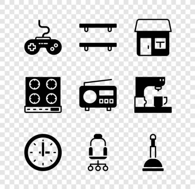 Gamepad, boş ahşap raflar, House, Clock, Office sandalyesi, lastik pompa, gaz sobası ve radyo ikonu. Vektör