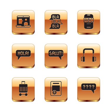 Yabancı dil çalışması, Suitcase, Sınav kağıdı A + notu, Salut farklı diller, Hola, Konuşma baloncukları Soru ve Sohbet simgesi. Vektör