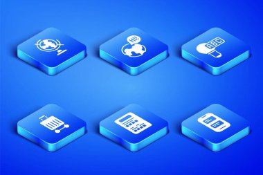 Çevrimiçi çevirmen, Dünya küresi, sınav kağıdı, bavul, yabancı dil öğrenme ve yaratıcı lamba fikri simgesi. Vektör