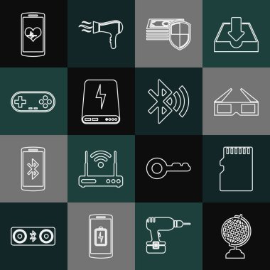 Dünya küresi, mikro SD hafıza kartı, 3D sinema gözlükleri, para koruması, güç bankası, Gamepad, kalp atışlı akıllı telefon ve bluetooth bağlantılı ikon. Vektör