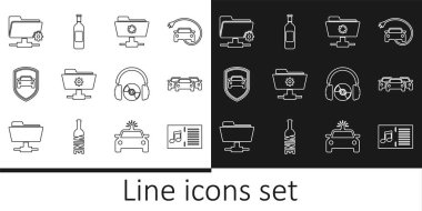 Satır Müzik Kitabını not, Cars, FTP sync resh, ayarlar klasörü, koruma veya sigorta, kulaklıklar ve CD DVD ve bir şişe şarap ikonu ile ayarla. Vektör
