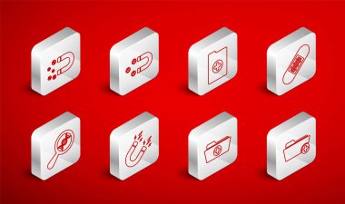 Hat Sağlık Dosyası, Müşteri Çekici, Klinik, Bandaj Sıvası, Paralı Mıknatıs, Yıldırım ve DNA araştırmaları, Arama simgesi. Vektör