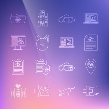 Veteriner kliniği, konum veterineri, köpek için tıbbi sertifika ya da, kedi ve haplar, köpek, klinik kayıt cihazı, klasör ve dizüstü bilgisayar ikonu. Vektör