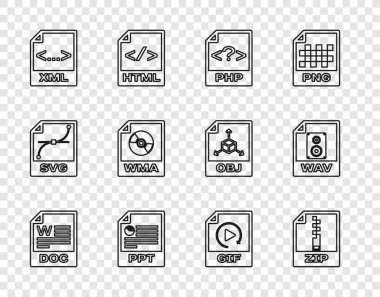 DOC dosya belgesi, ZIP, PHP, PPT, XML, WMA, GIF ve WAV simgesini ayarla. Vektör