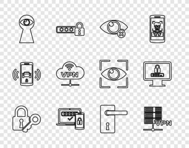 Satır Kilidi ve Anahtarı, Sunucu VPN, Görünmez veya Saklı, İki Adım Doğrulama, Gözlü Anahtar Deliği, Ağ Bulut Bağlantısı, Kapı Kolu ve Parola Simgesini İzle. Vektör