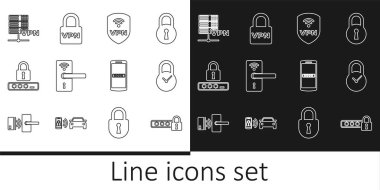 Satır Parola koruması, saatli asma kilit, kablosuz kalkan, dijital kapı, sunucu, mobil ve şifre ve kilit simgesi. Vektör