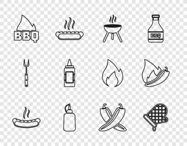 Hotdog sandviçi, fırın eldiveni, ızgara ızgara ızgara, hardal şişesi, ateş alevi kırmızı biber kapsülü ve ikon. Vektör