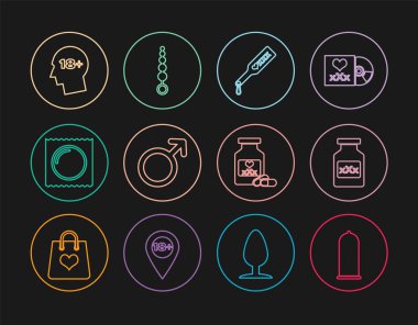 Güvenli kondom seksi, iktidar hapı, şaplak küreği, erkek cinsiyet sembolü, paket, kafa 18 artı ve anal boncuk ikonu içeren şişe. Vektör