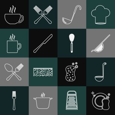 Bulaşık yıkama, mutfak kepçesi, süzgeç, bıçak, kahve fincanı ve çırpma ikonu. Vektör