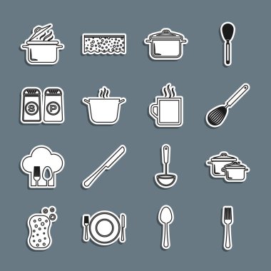 Fork, Cooking pot, Kitchen çırpıcı, Tuz ve Biber ve Kahve fincanı ikonu. Vektör