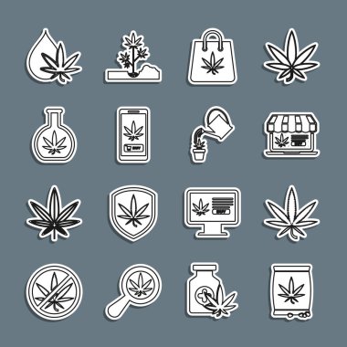 Marihuana, kenevir tohumu, yaprak, online marihuana alma, alışveriş torbası, test tüpü, yağ ve su ikonu. Vektör
