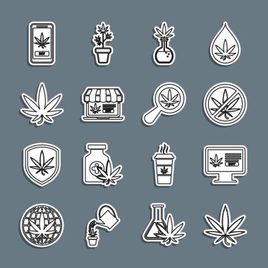 Marihuana ya da kenevir yaprağı çevrimiçi marihuana alma, dur, test tüpü ve büyüteç ve ikon satın alma. Vektör