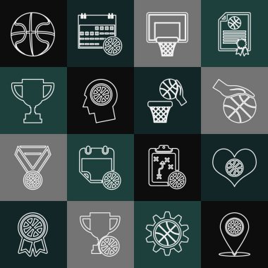 Basketbol topu, Kalp, El, Basketbol sehpası, Düşünceler, Ödül kupası ve ikon. Vektör