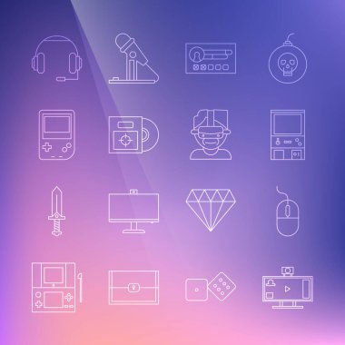 Satır Canlı yayınını çevrimiçi, Bilgisayar faresi, Retro oyun makinesi, Hesap ekranı, CD veya DVD disk kutusu, Taşınabilir video konsolu, Kulaklıklar ve Sanal gerçeklik gözlüğü simgesi oluştur. Vektör