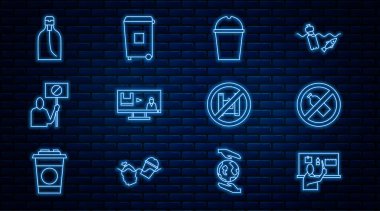 Plastik kirliliği durdurun, şişe yok, kağıt bardak su yok, doğa koruma protestosu, bir şişe sıvı sabun poşet posteri ve çöp tenekesi ikonu yok de. Vektör