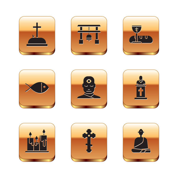 Установить надгробие с крестом, горящие свечи, христианин, человек третий глаз, рыба, первые символы причастия, буддийский монах и икона Японские ворота. Вектор