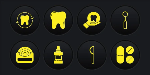 Set Zahnseide Inspektionsspiegel Mundspülflasche Zahn Schmerztablette Und Bleaching Symbol Vektor — Stockvektor