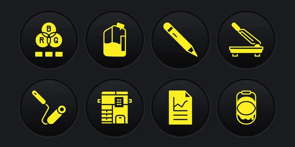 Set Paint Roller Brush Paper Cutter Copy Machine Document Graph — Stock Vector