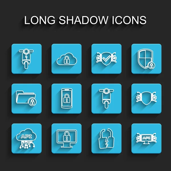 Definir Linha Interface Api Nuvem Bloqueio Monitor Scooter Elétrico Trava —  Vetores de Stock