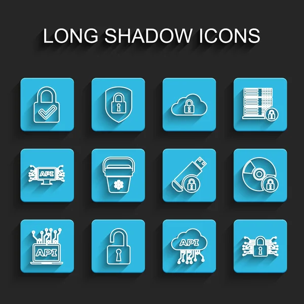 Définir Ligne Interface Api Ordinateur Ouvrir Cadenas Verrouiller Cocher Cloud — Image vectorielle