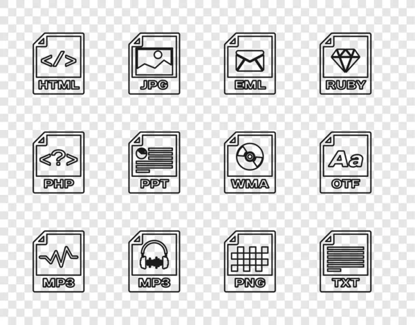 Satır MP3 dosya belgesi, TXT, EML, HTML, PPT, PNG ve OTF simgesini ayarla. Vektör
