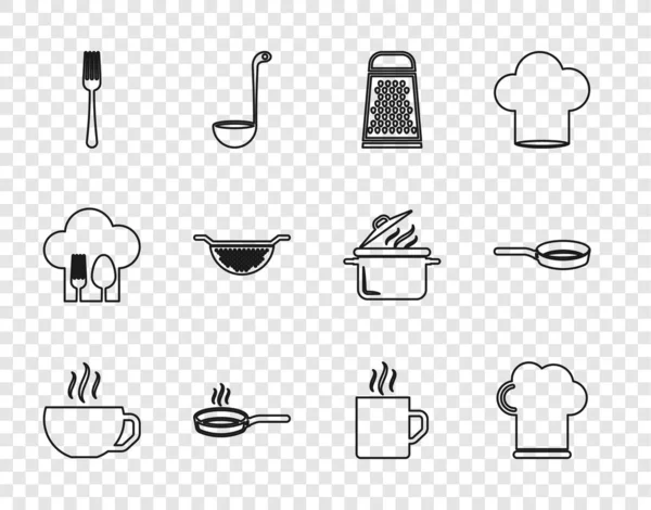 Set Line Copa Café Sombrero Chef Rallador Sartén Tenedor Colador — Vector de stock