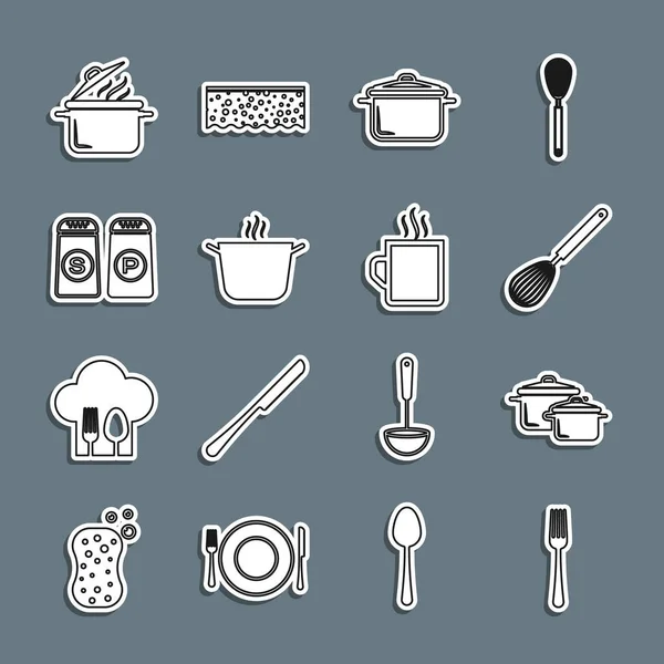 Fork, Cooking pot, Kitchen çırpıcı, Tuz ve Biber ve Kahve fincanı ikonu. Vektör