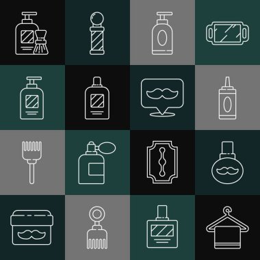 Askı, sakal ve bıyık bakım yağı şişesi, bir şişe şampuan, krem veya losyon kozmetik tüpü, tıraş jeli köpük fırçası ve berber dükkanı ikonu koyun. Vektör