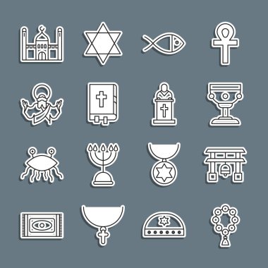 Tespih, din, Japon Kapısı, Hıristiyan kadehi, balık, kutsal İncil, İsa, Müslüman Cami ve kilise papazı ikon vaazı veriyor. Vektör
