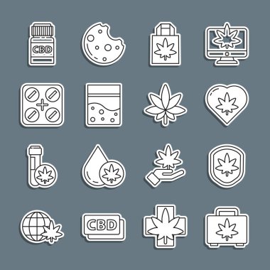 Marihuana, kalkan ve yaprak, marihuana kalbi, kese kağıdı, plastik kenevir, ilaç kutusu, şişe ve ikon. Vektör