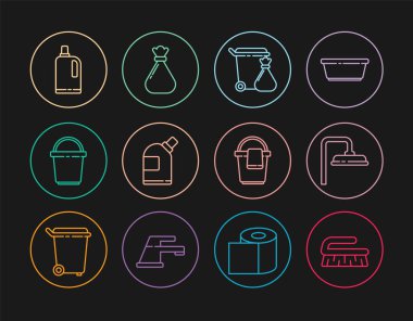 Temizlik için sıra fırçası, duş başlığı, çöp tenekesi ve çöp torbası, şişe ajansı, kova, kumaş yumuşatıcısı, bez ve çöp ikonu. Vektör