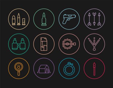 Orta Çağ mızrağı, Kuş ayak izi, Tabanca ya da silah, Çakmak, Dürbün, Kurşun ve Kartuş, Tuzak avı ve ikon. Vektör