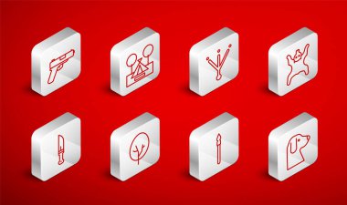 Set hattı Dog, Turist çadırı, Kuş ayak izi, Ayı derisi, Ortaçağ mızrağı, Tabanca veya silahı, Ağaç ve Avcı bıçak ikonu. Vektör