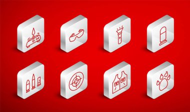 Pati izi, gözlük, fener, kurşun, av ceketi, kamp gaz ocağı, hedef sporu ve kartuş ikonu. Vektör