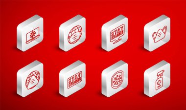 Sıvı antibakteriyel sabun, tıbbi maskeli Dünya, evde kal, tıbbi koruyucu, virüsten kalkan koruması, dizüstü bilgisayar istatistikleri ve ikon. Vektör