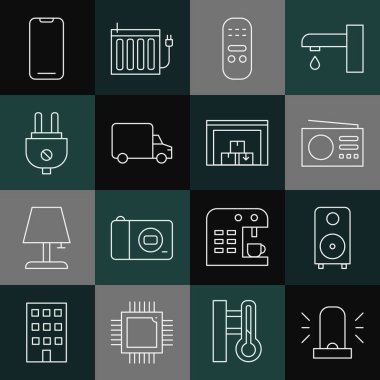 Flasher Sireni, Stereo hoparlörü, Radyo, Uzaktan Kumanda, Teslimat kargo kamyonu, Elektrik prizi, Akıllı Telefon ve Depo ikonu. Vektör