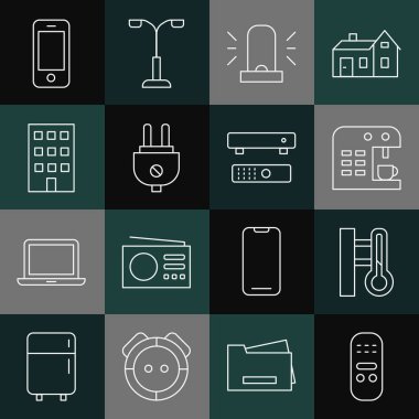 Hat uzaktan kumandası, Meteoroloji termometresi, kahve makinesi, Flasher siren, elektrik prizi, House, Smartphone ve Multimedia ve TV kutusu simgesi ayarla. Vektör