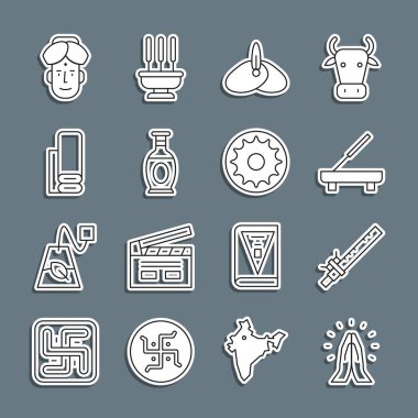 Ellerinizi dua pozisyonuna getirin, Bambu flüt Hintli, Kokulu spa çubuğu, Hint başlıklı türban, vazo, tekstil kumaşı, insan ve çakra ikonu. Vektör