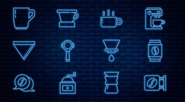 Sokak tabelaları, kahve, kahve fincanı, filtre tutacağı, kağıt, V60 makinası ve ikon. Vektör