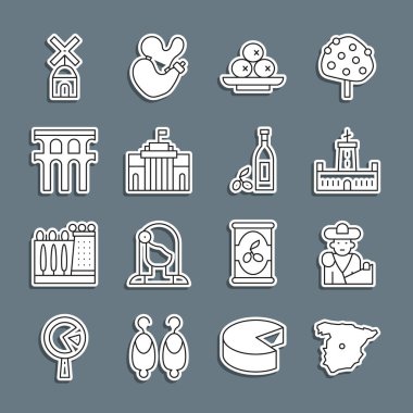 İspanya haritası, boğa güreşi, matador, Montjuic kalesi, zeytin tabağı, Prado müzesi, Aqueduct Segovia, Yel değirmeni ve şişe zeytinyağı ikonu. Vektör