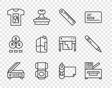 Çizgi tarayıcı, fotokopi makinesi, cetvel, karton kutu, tişört, yazıcı mürekkebi şişesi, silgi ikonlu kalem ve kağıt. Vektör