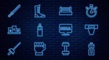 Set hattı fitness sallayıcısı, kasık koruması, boks ringi, kum torbası, spor kazanan podyum ödülü, Japon katana, Dövüş Kulübü MMA ve spor boks ayakkabısı ikonu. Vektör